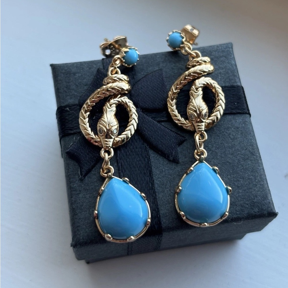 Statement Turquoise Rose Gold Plated Snake Drop Earrings, Teardrop, Pretty Bird
